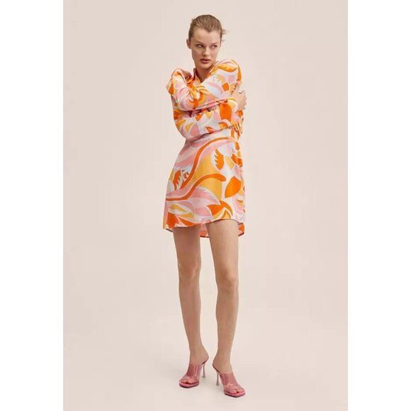 MANGO Orange Pink Abstract Scarf Printed Crepe Mini Shirt Dress, Size 4 - Picture 2 of 15